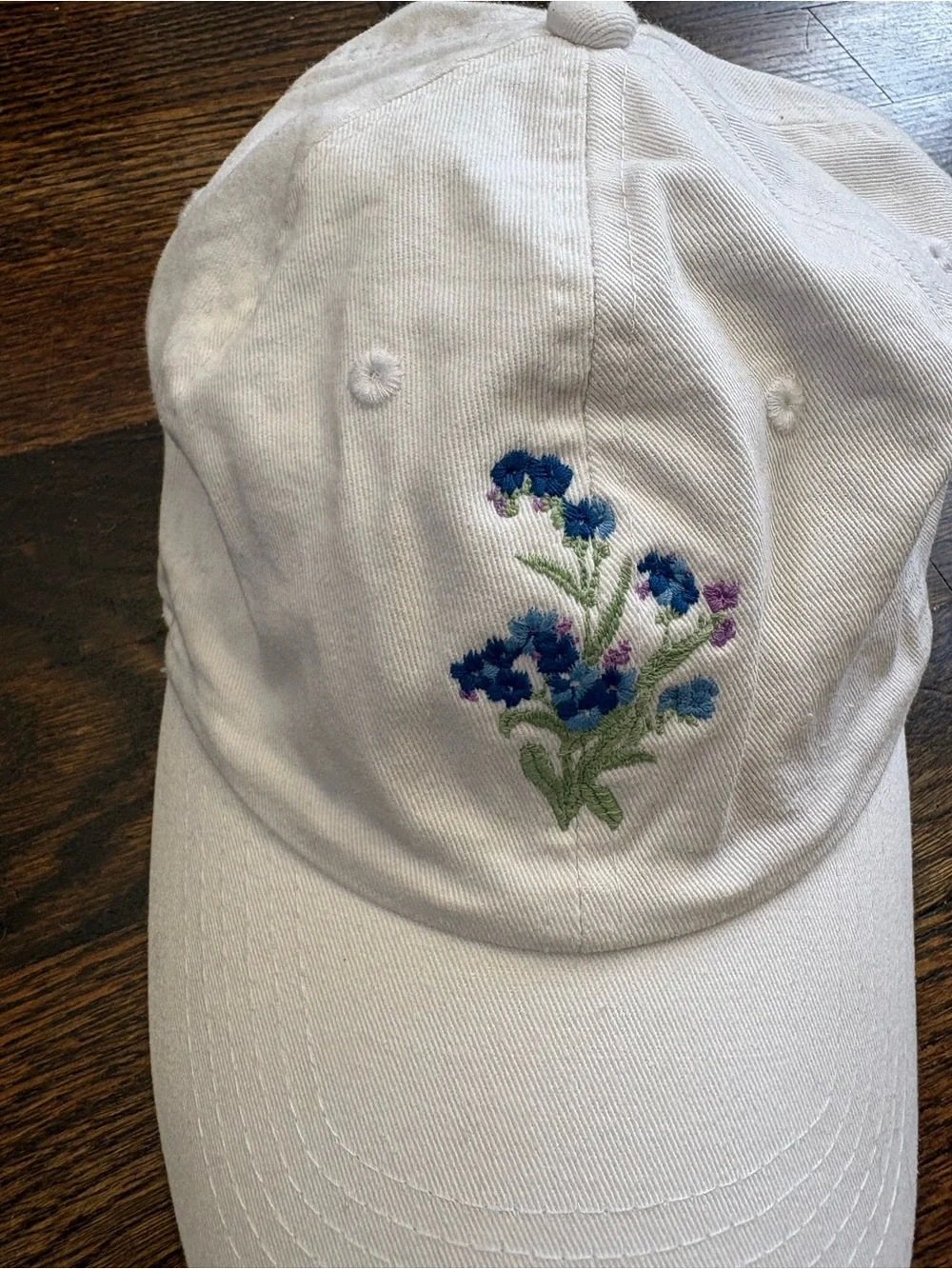 Brandy Melville White Cap with Blue Floral Embroidery
